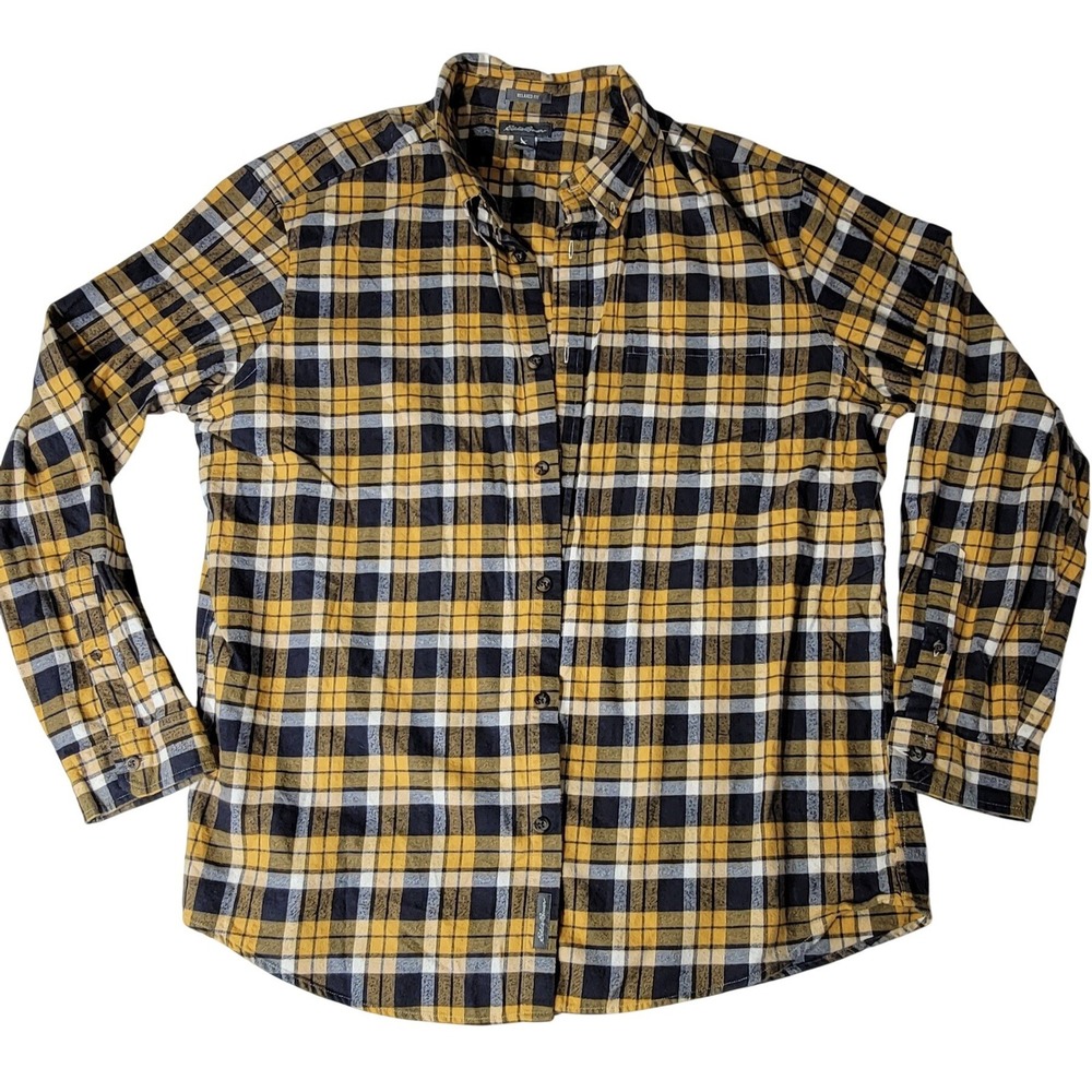 Eddie Bauer Mens XL Relaxed Fit Plaid Button Down Shirt Yellow Black Long Sleeve